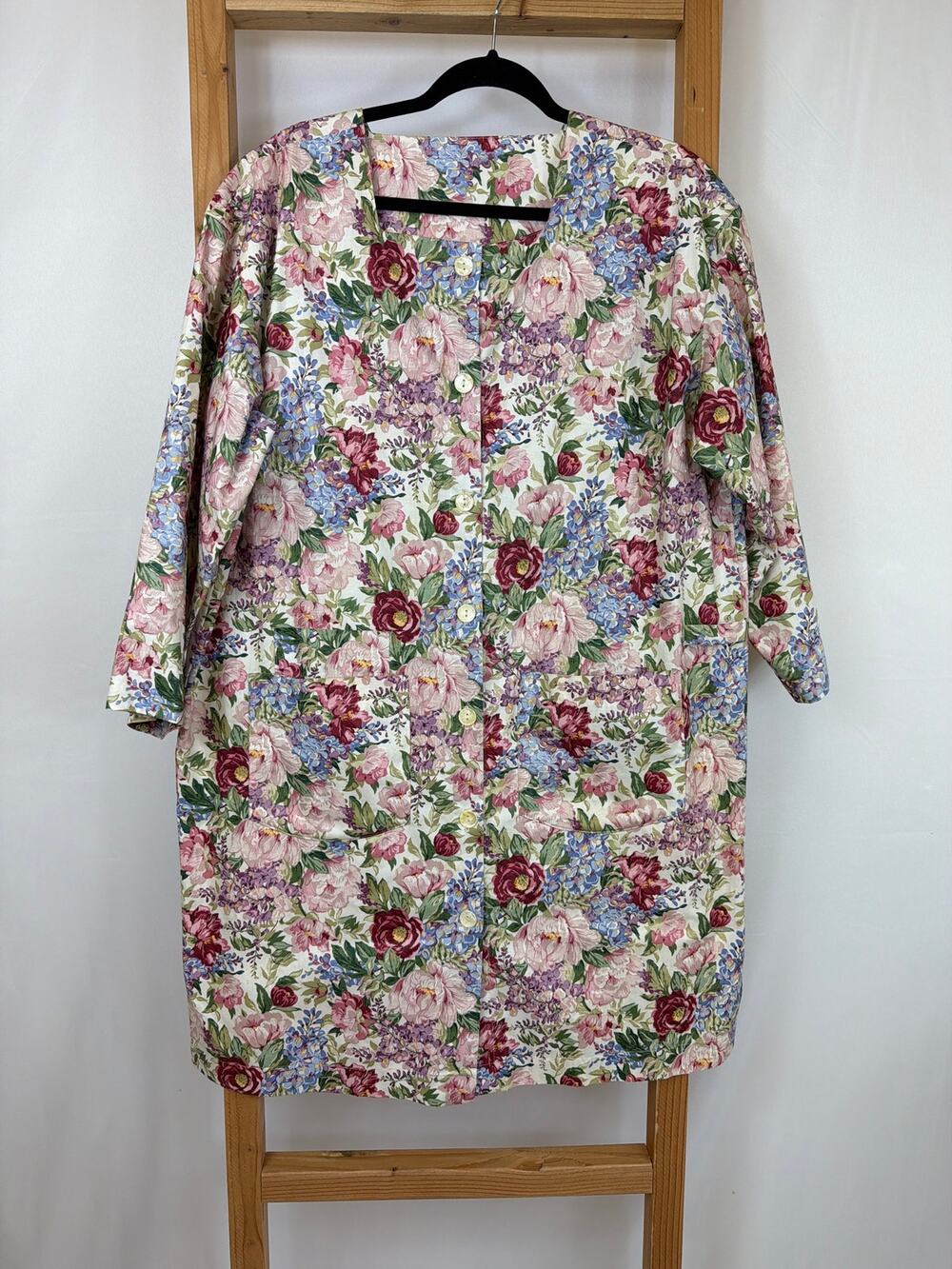 Vintage Ginna Rose Floral Button Up Square Collar Tunic Jacket Cotton OS